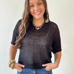 Split Neck Sheer Knit Top - Black