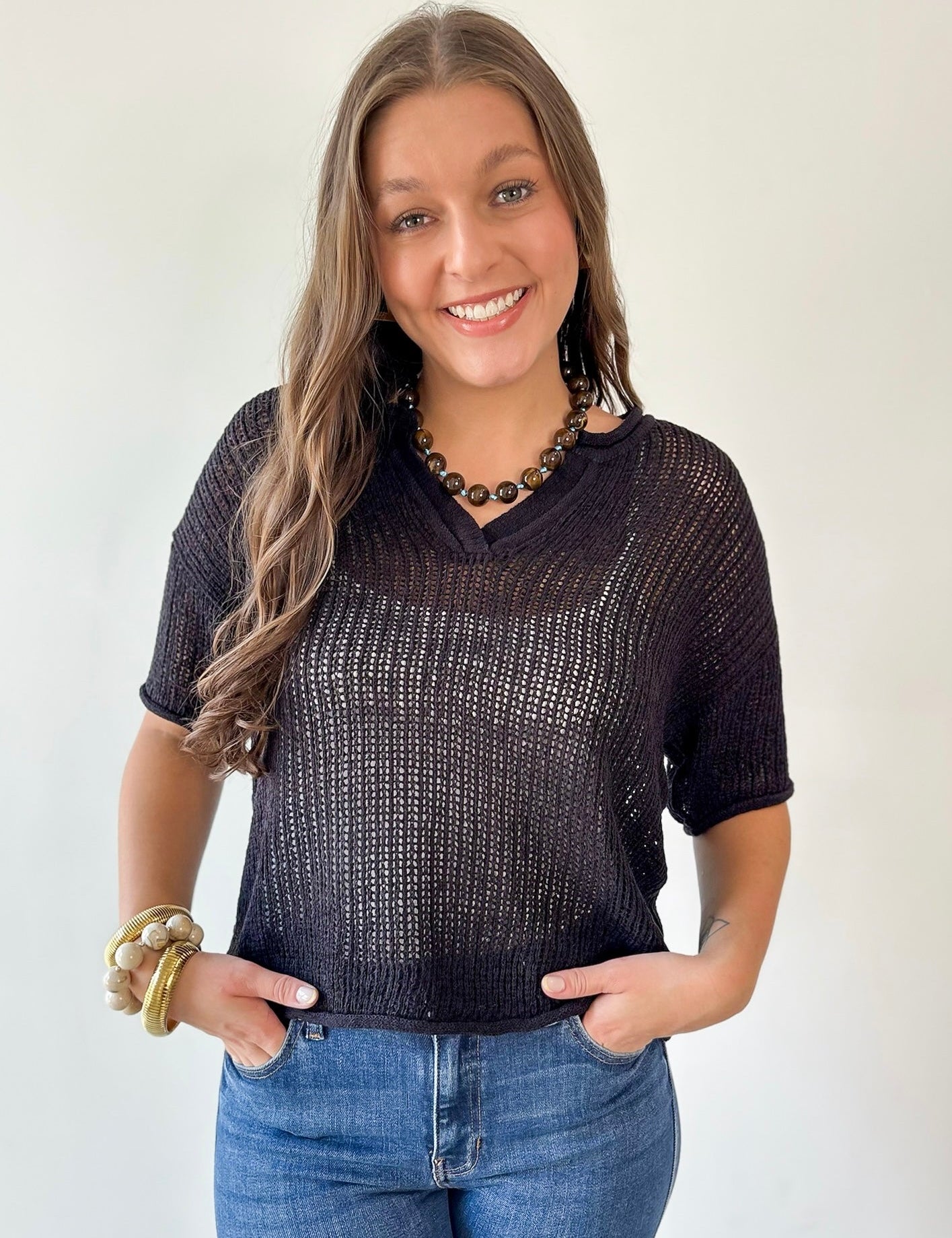 Split Neck Sheer Knit Top - Black