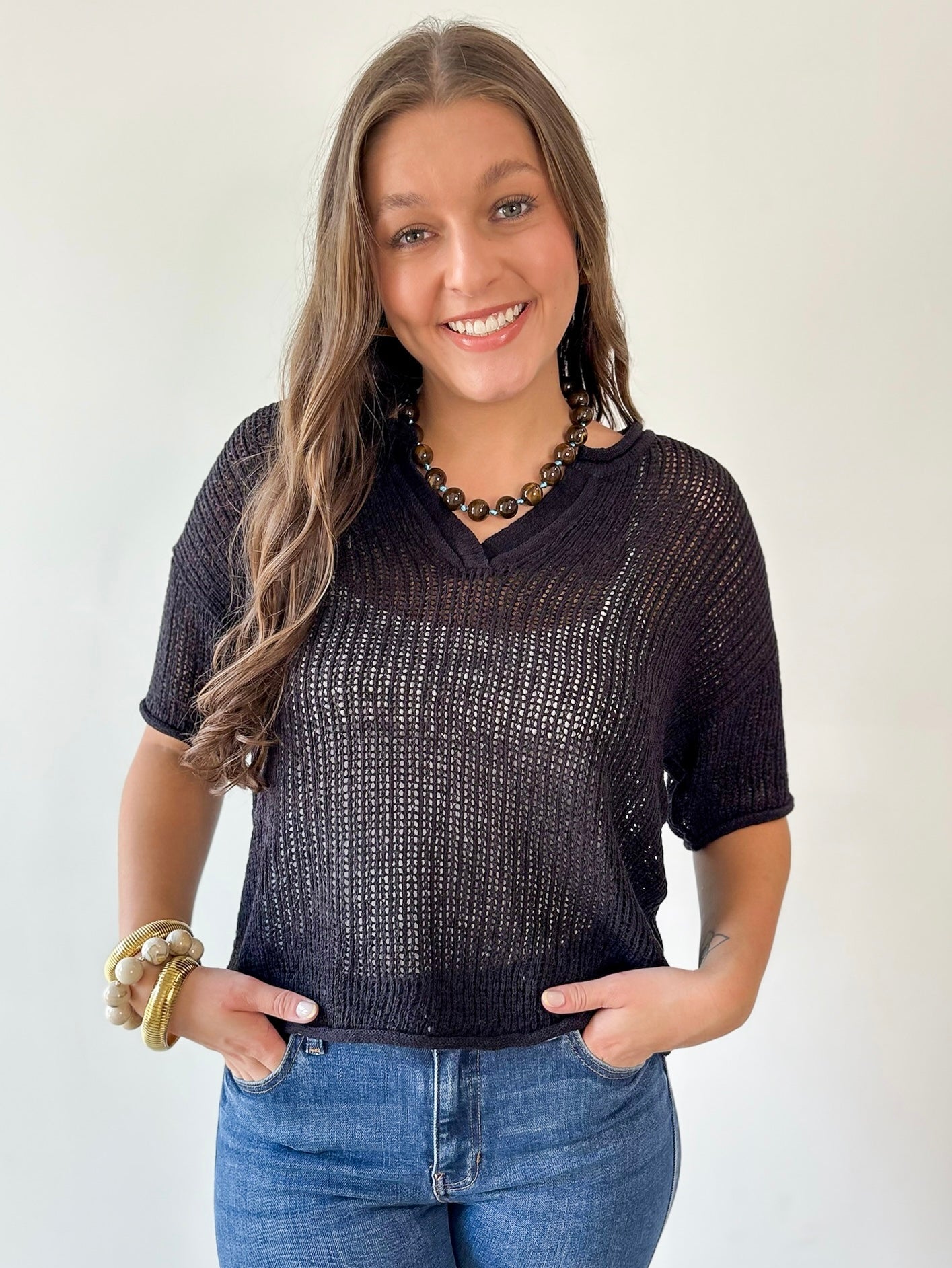 Split Neck Sheer Knit Top - Black