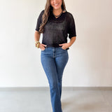 Split Neck Sheer Knit Top - Black