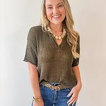 Split Neck Sheer Knit Top - Olive