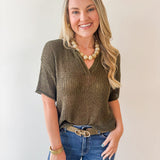 Split Neck Sheer Knit Top - Olive