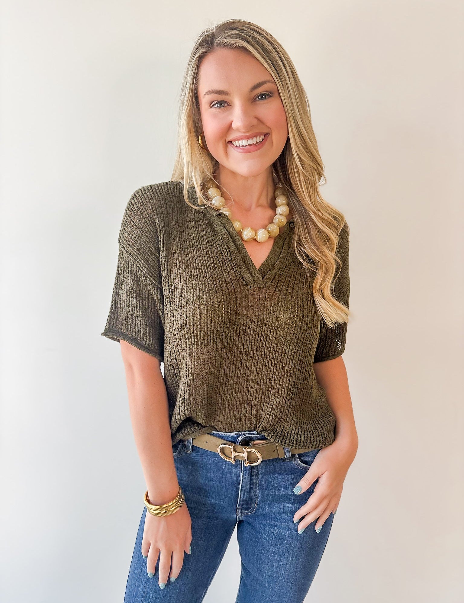 Split Neck Sheer Knit Top - Olive