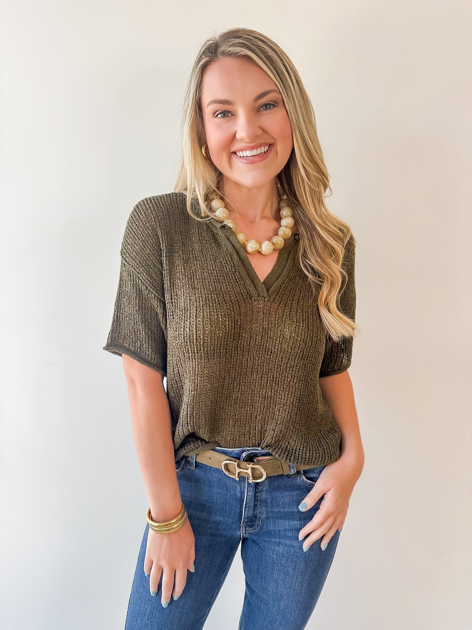 Split Neck Sheer Knit Top - Olive