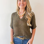 Split Neck Sheer Knit Top - Olive