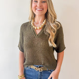 Split Neck Sheer Knit Top - Olive
