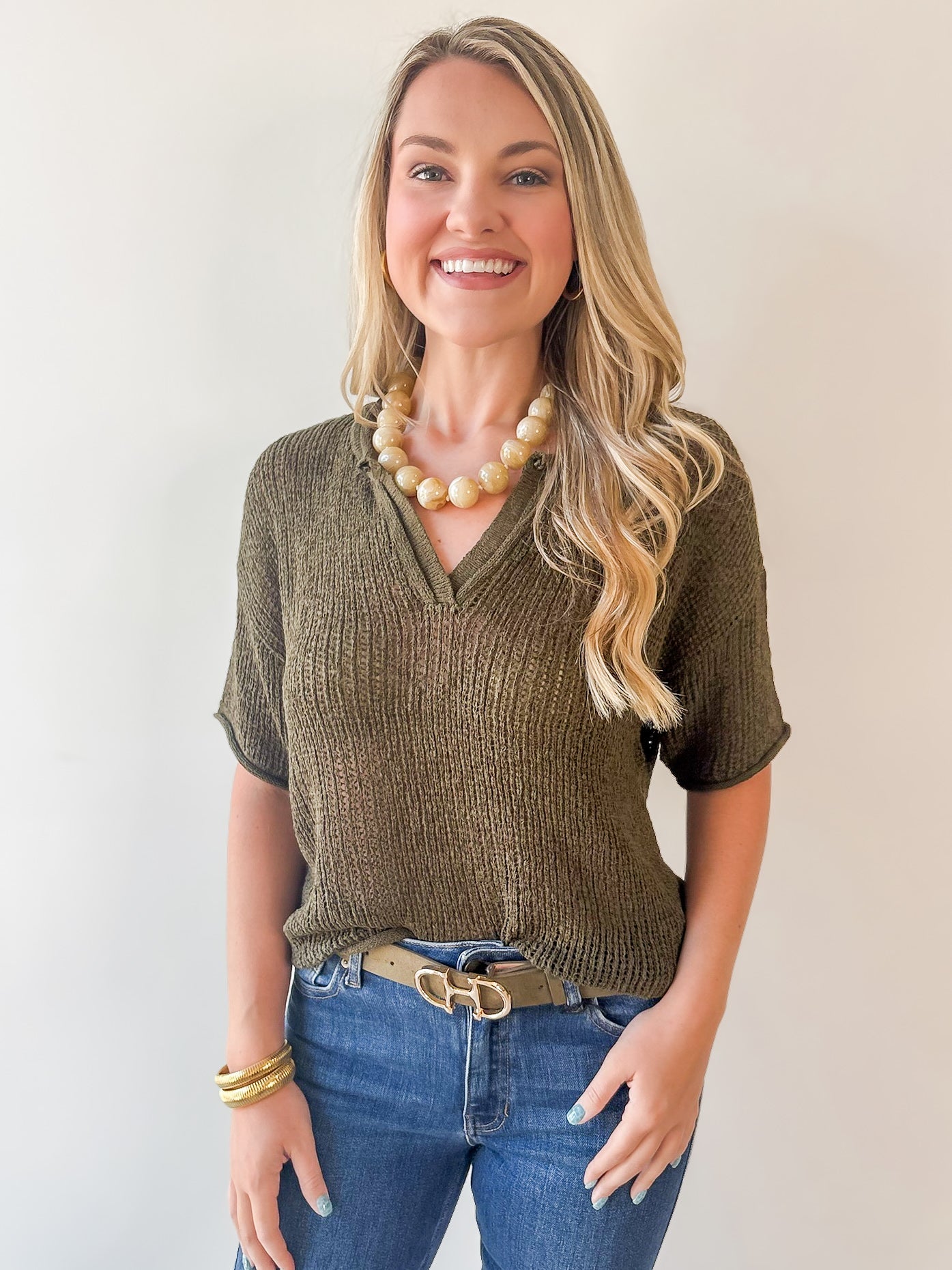 Split Neck Sheer Knit Top - Olive