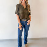 Split Neck Sheer Knit Top - Olive