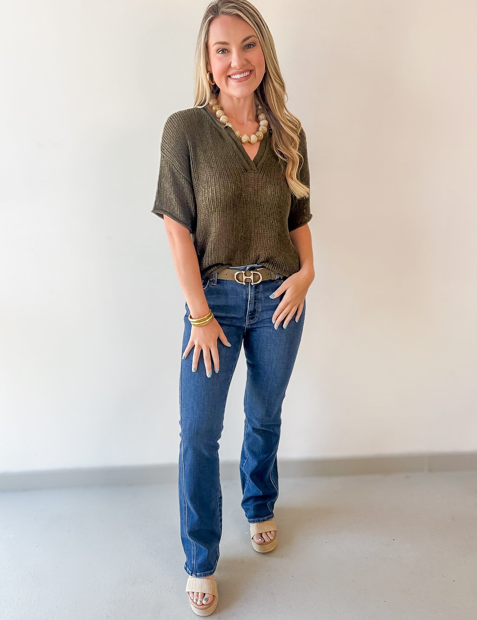 Split Neck Sheer Knit Top - Olive