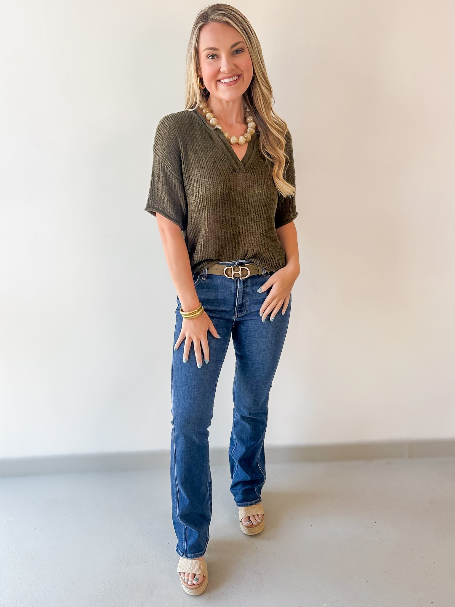 Split Neck Sheer Knit Top - Olive