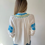 Split Neck Tasseled Embroidered Top
