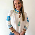 Split Neck Tasseled Embroidered Top