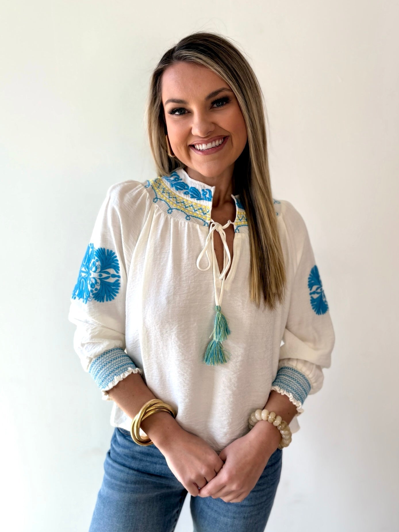 Split Neck Tasseled Embroidered Top