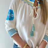 Split Neck Tasseled Embroidered Top