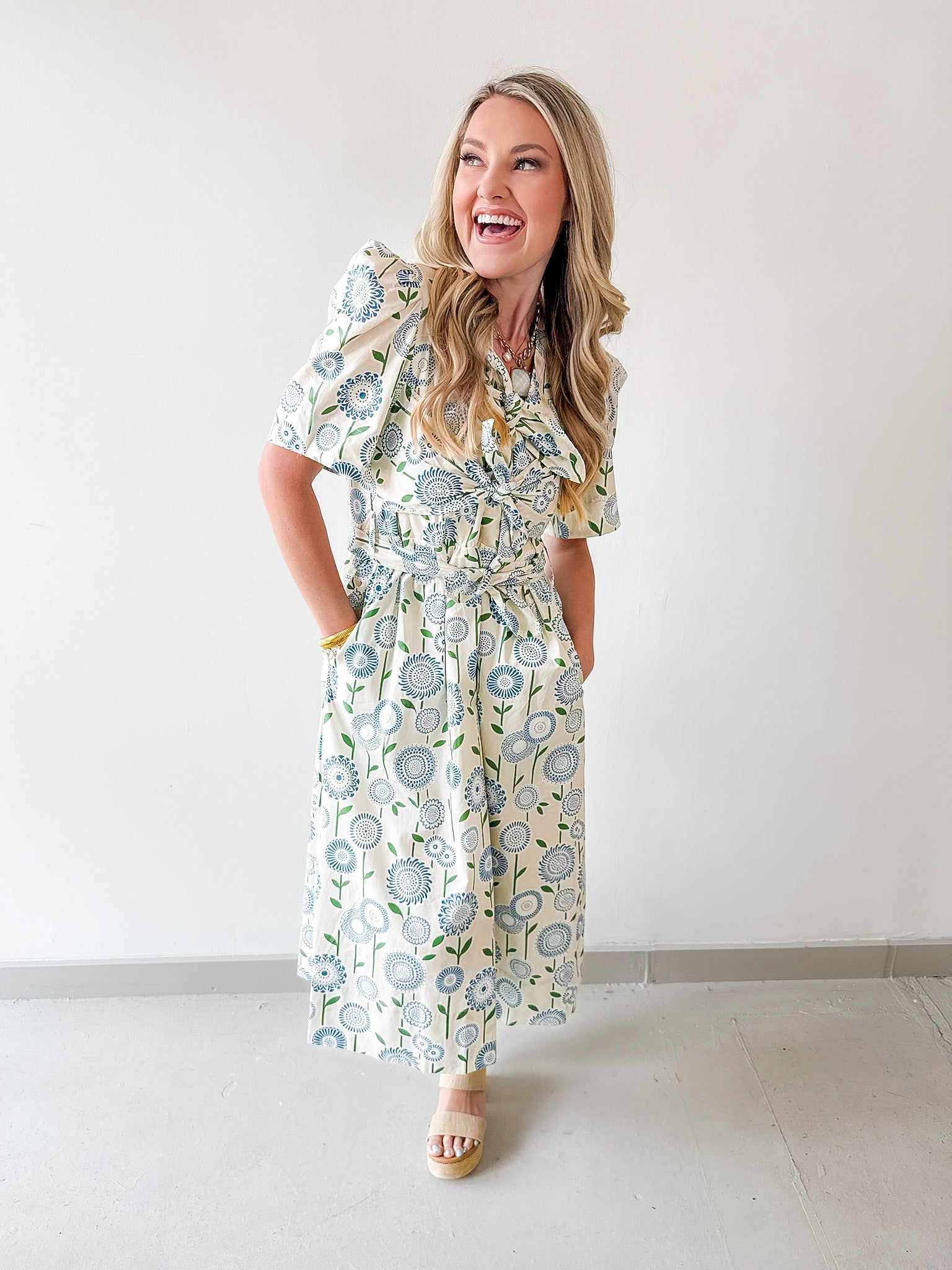 Spring Floral tie Waist Midi Dress