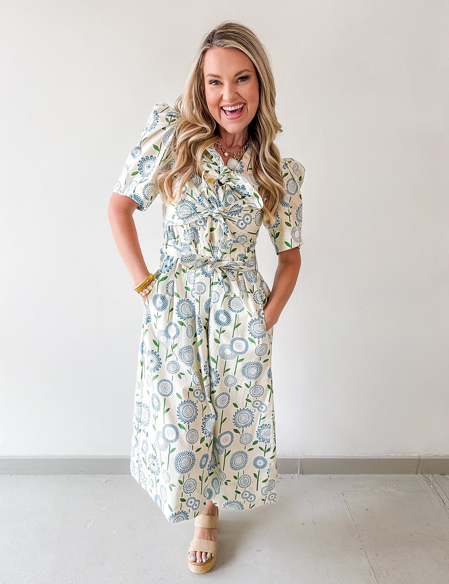 Spring Floral tie Waist Midi Dress
