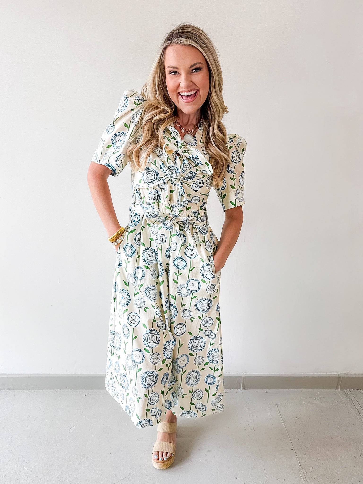 Spring Floral tie Waist Midi Dress
