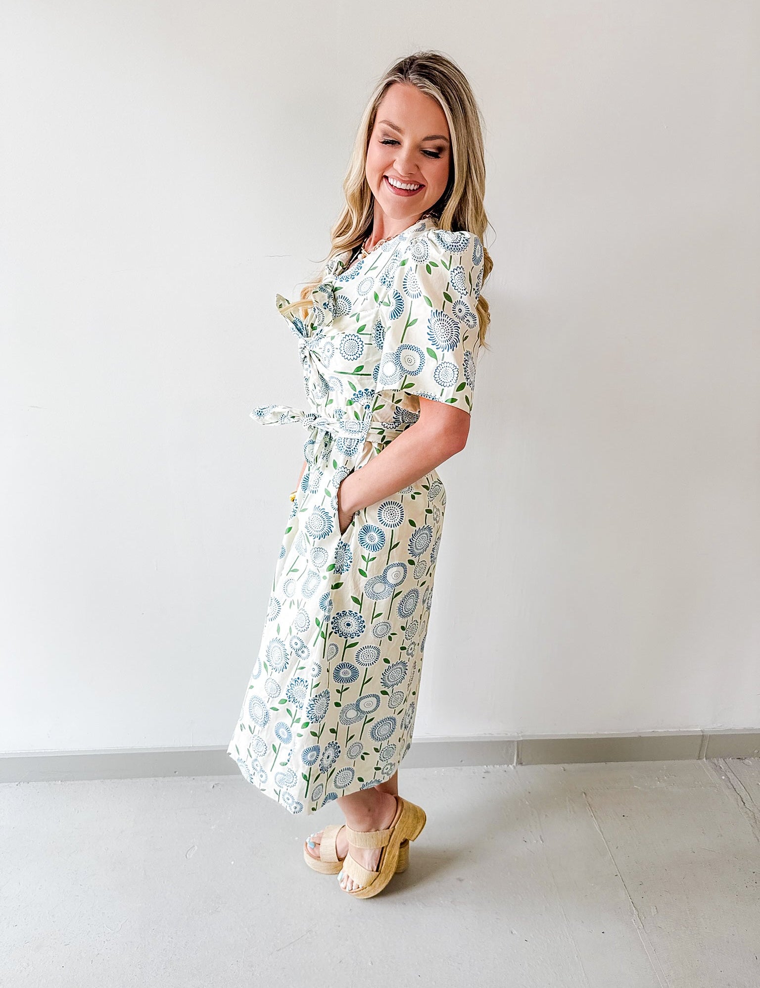 Spring Floral tie Waist Midi Dress