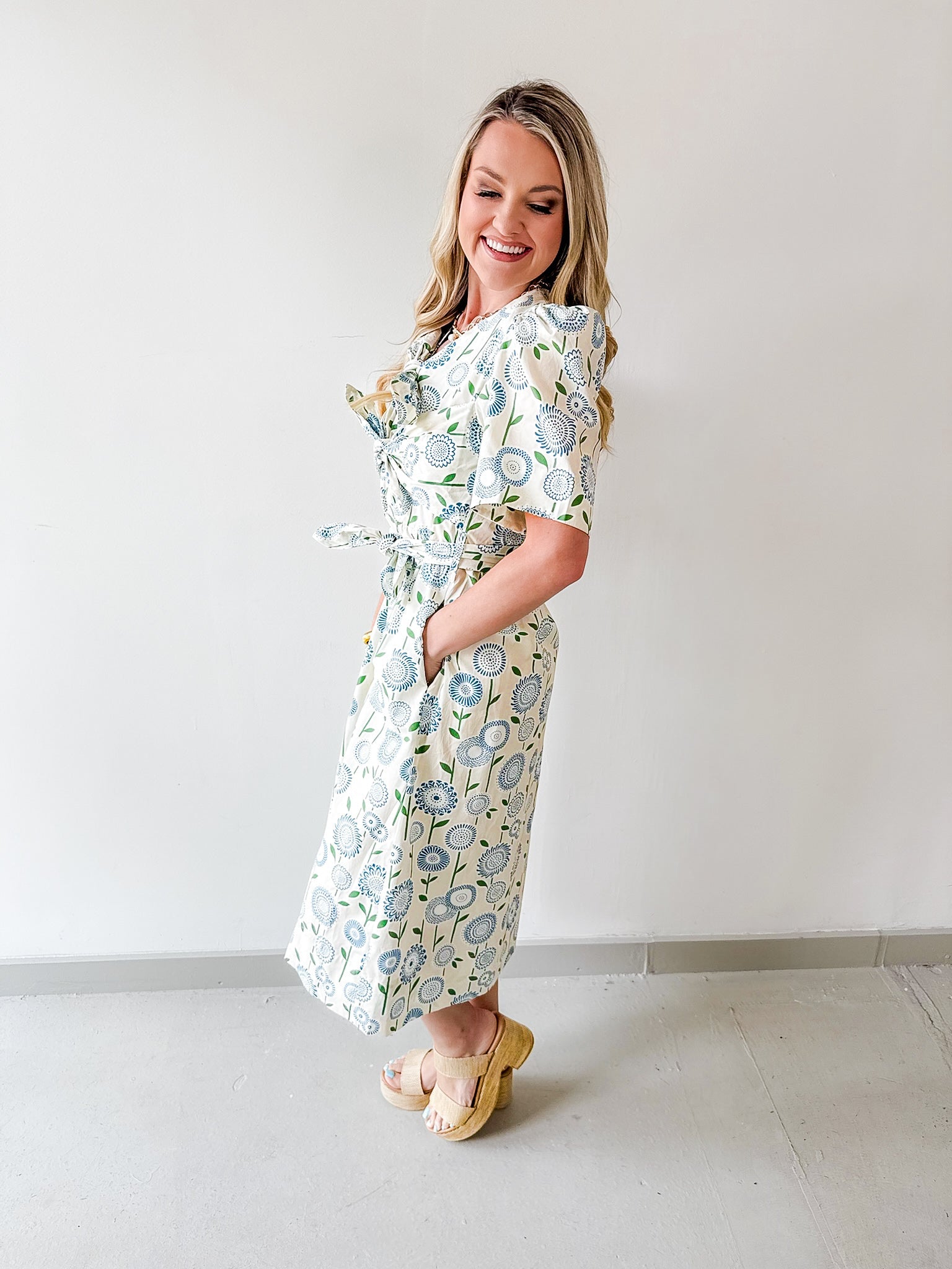 Spring Floral tie Waist Midi Dress