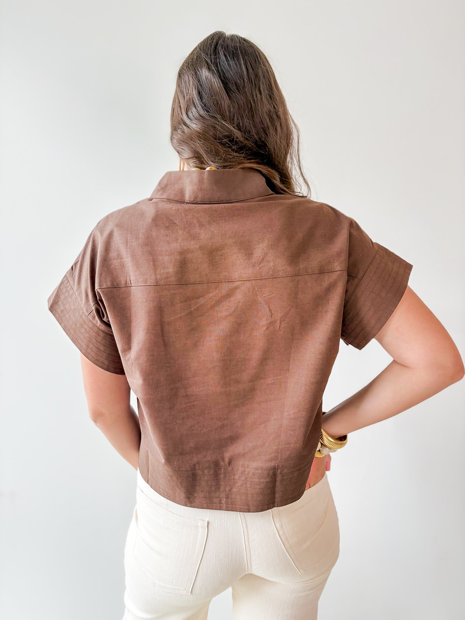 Stand Collar Top Button Placket -Brown