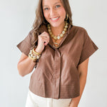 Stand Collar Top Button Placket -Brown