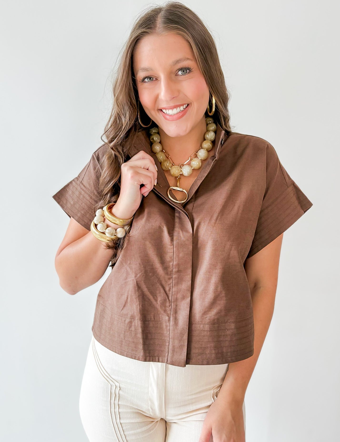 Stand Collar Top Button Placket -Brown