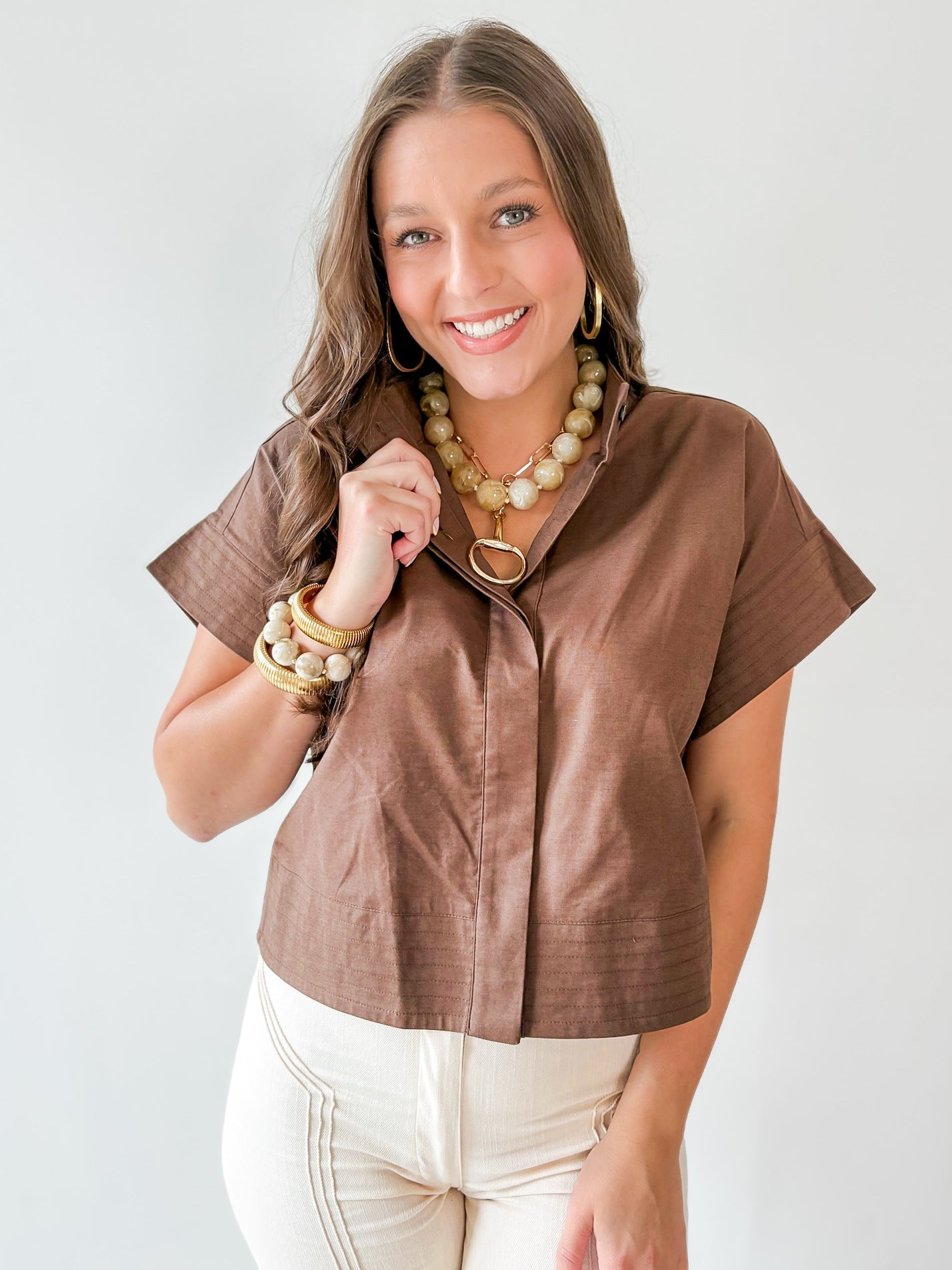 Stand Collar Top Button Placket -Brown