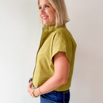 Stand Collar Top Button Placket -Olive