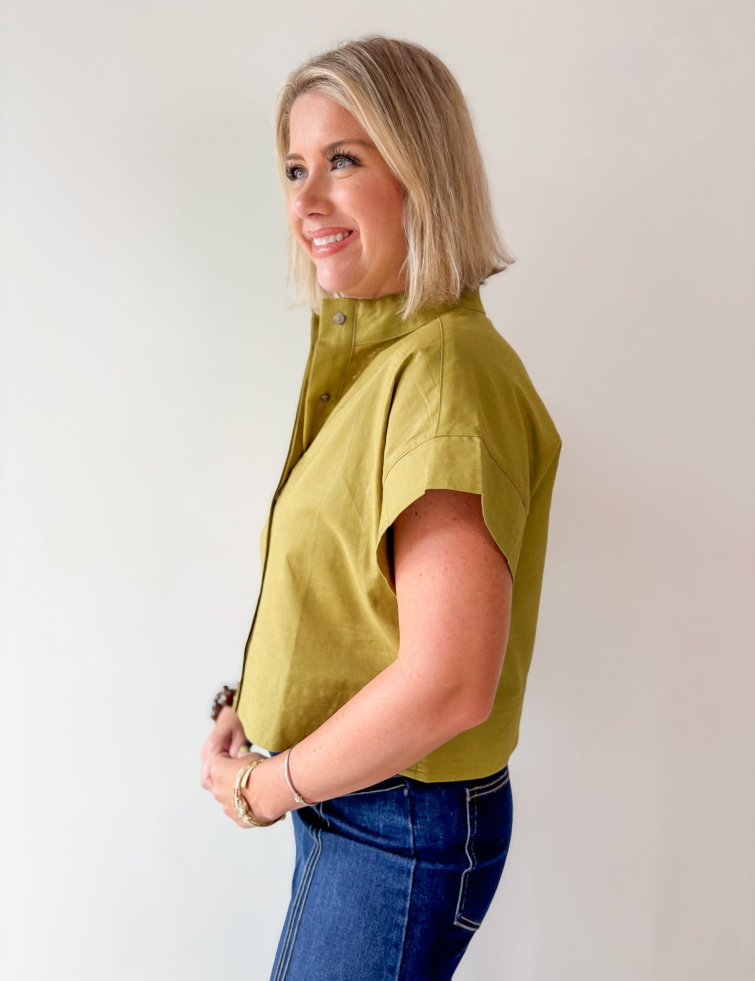 Stand Collar Top Button Placket -Olive