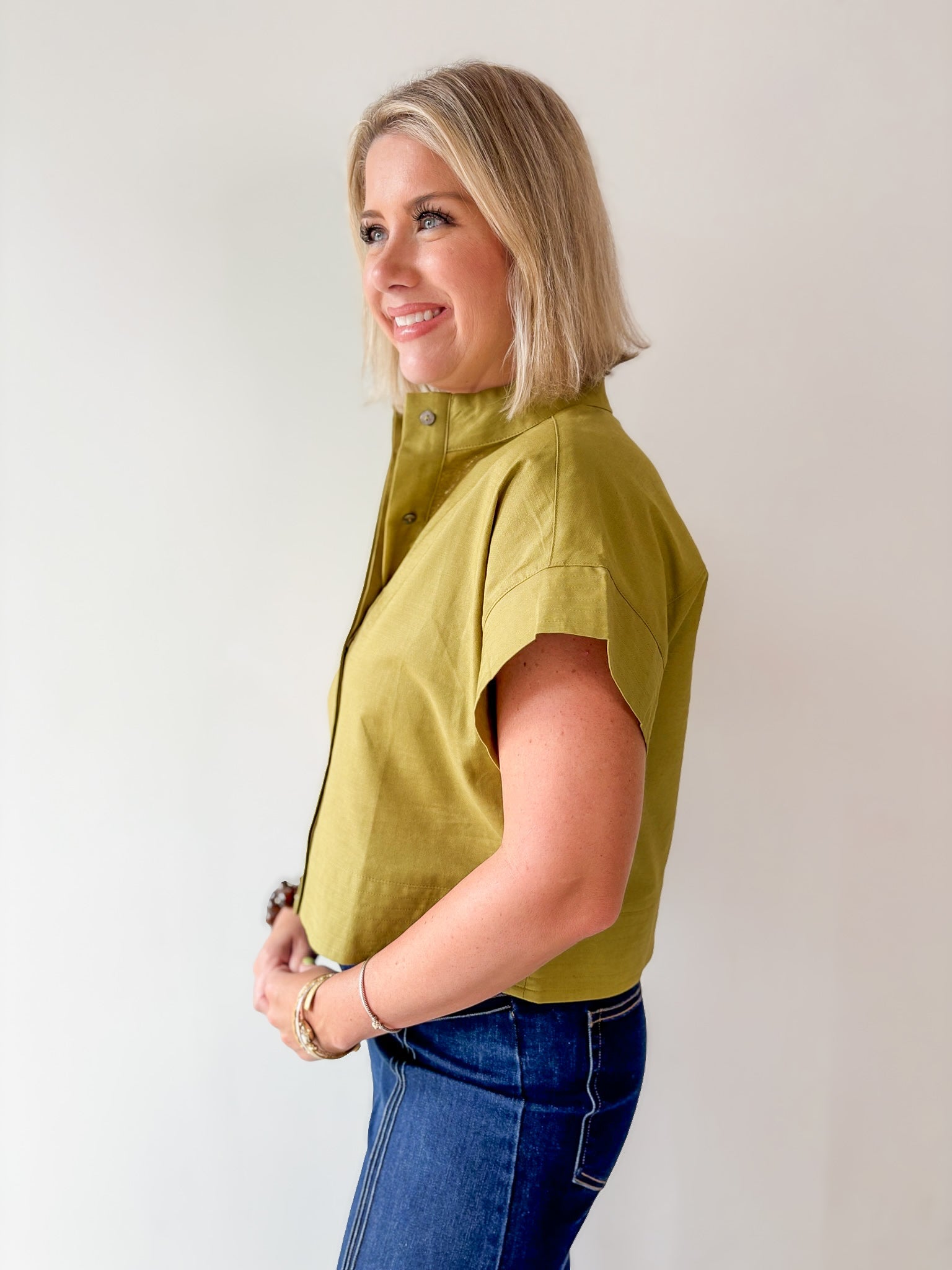 Stand Collar Top Button Placket -Olive