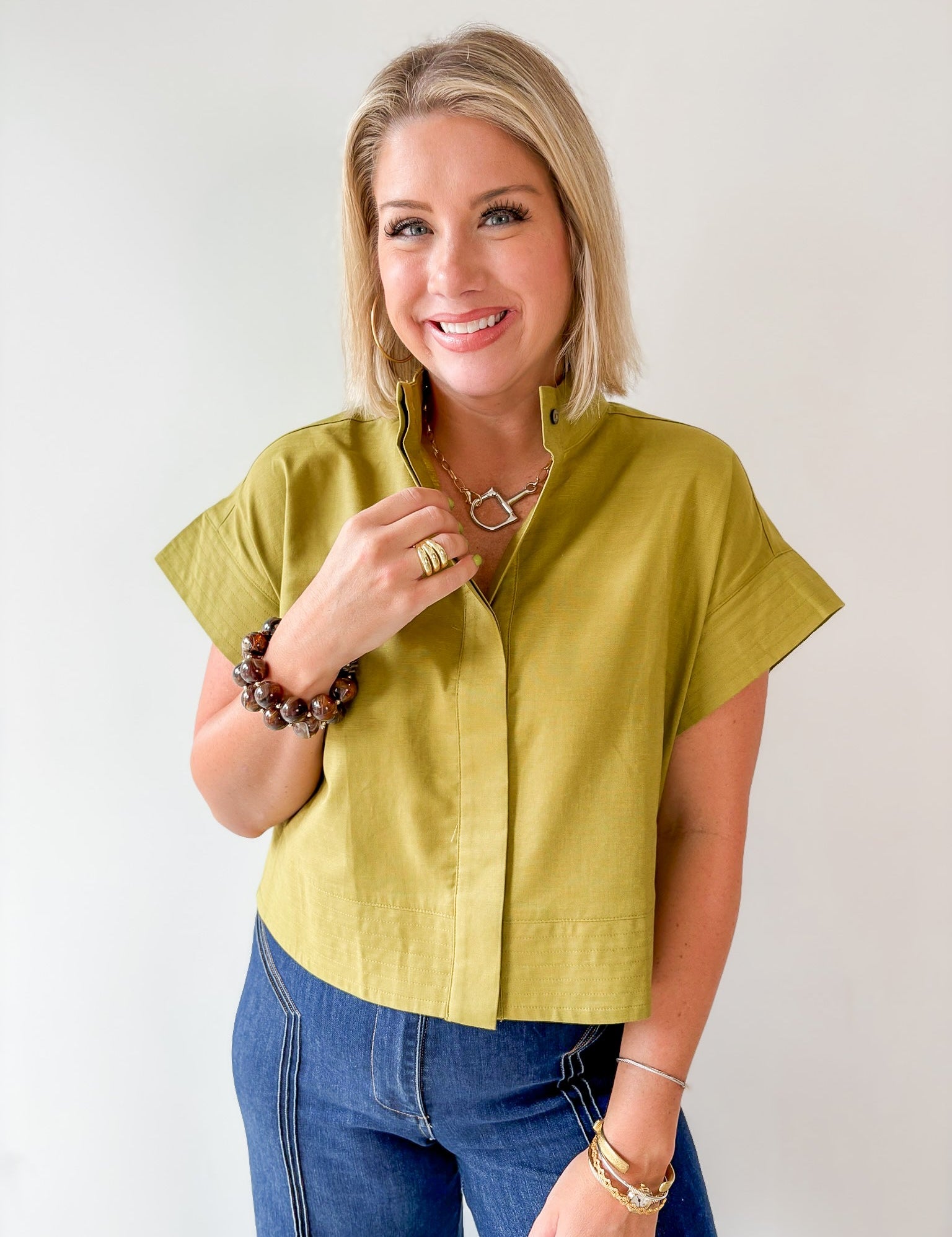 Stand Collar Top Button Placket -Olive