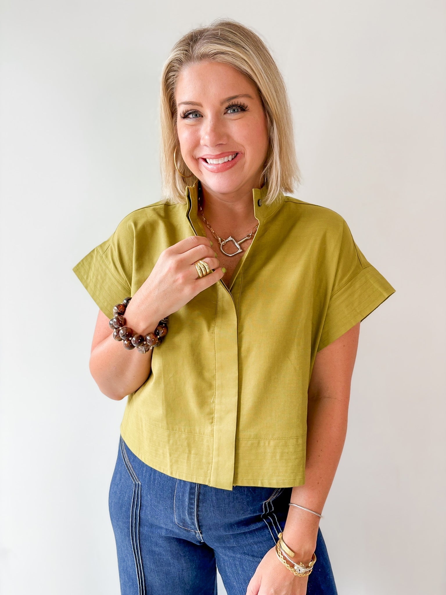 Stand Collar Top Button Placket -Olive