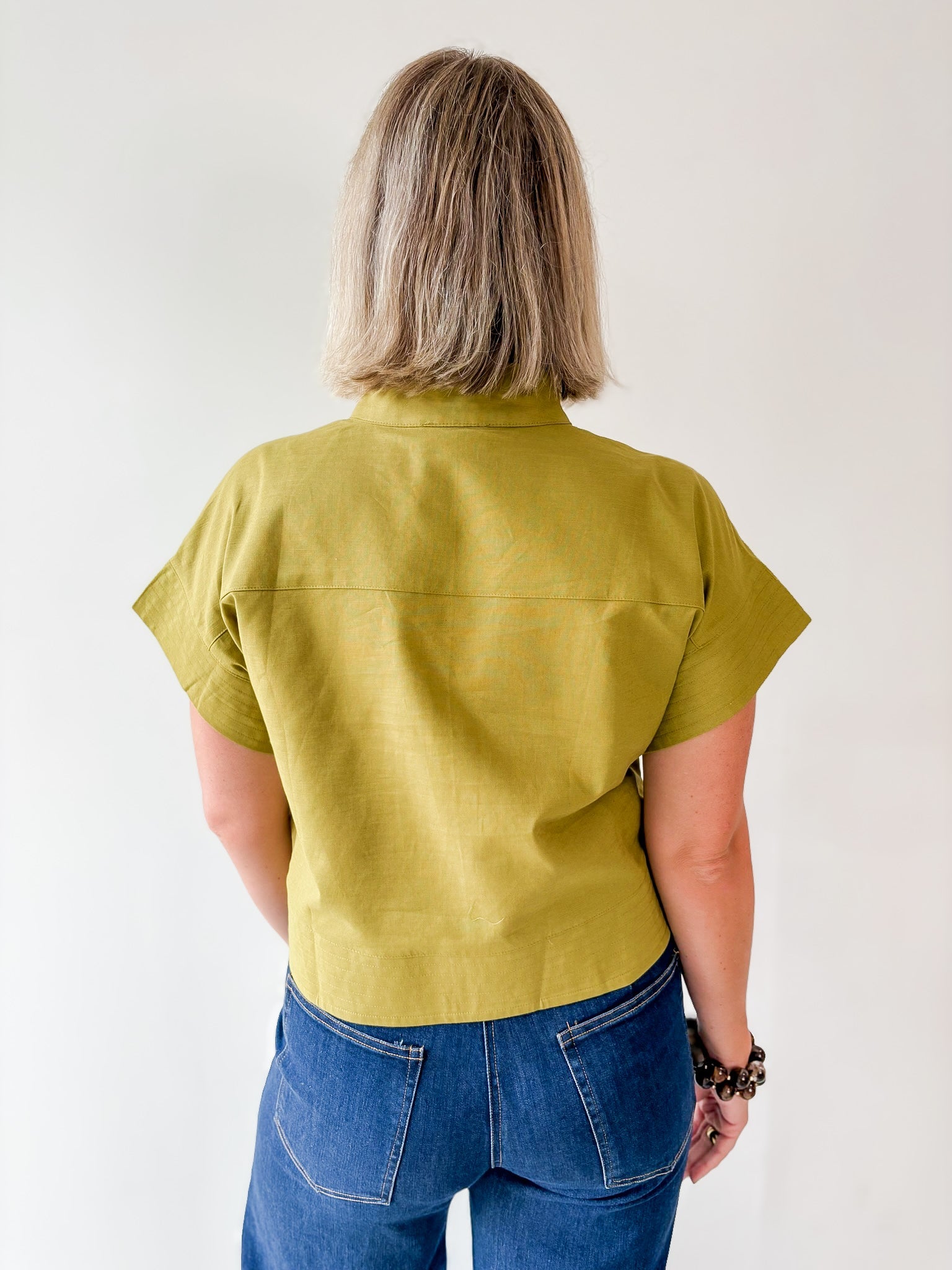 Stand Collar Top Button Placket -Olive