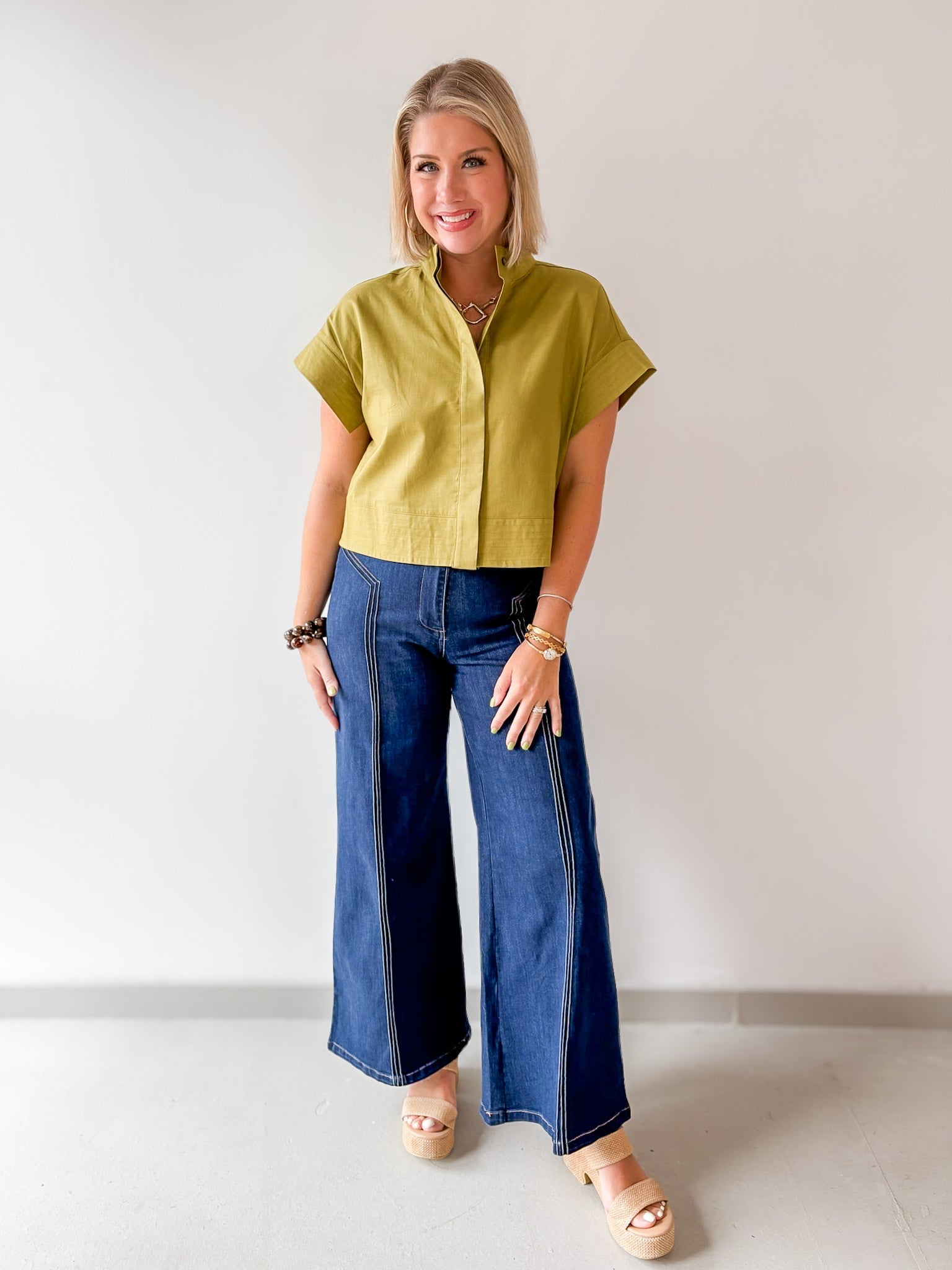 Stand Collar Top Button Placket -Olive