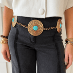 Stone Stud Western Engraved Disc Chain Belt