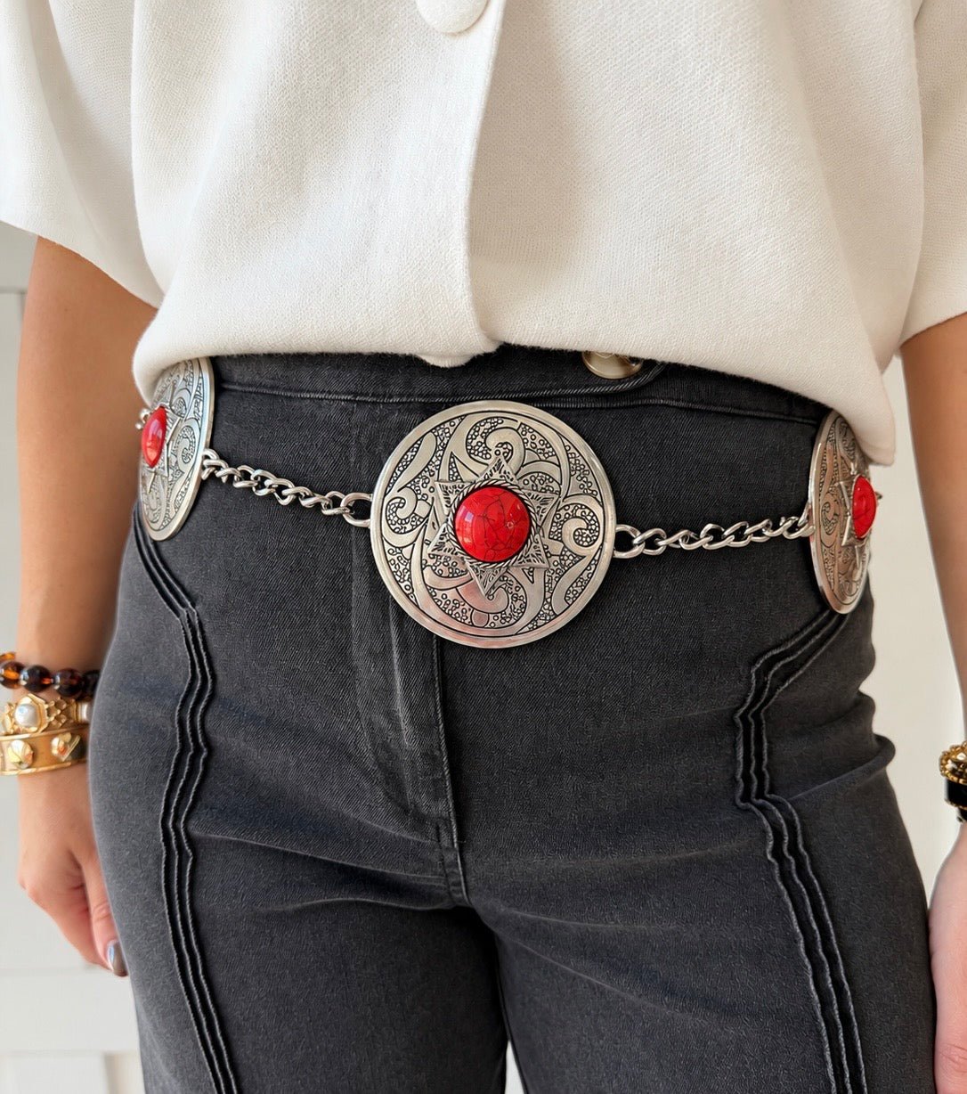 Stone Stud Western Engraved Disc Chain Belt