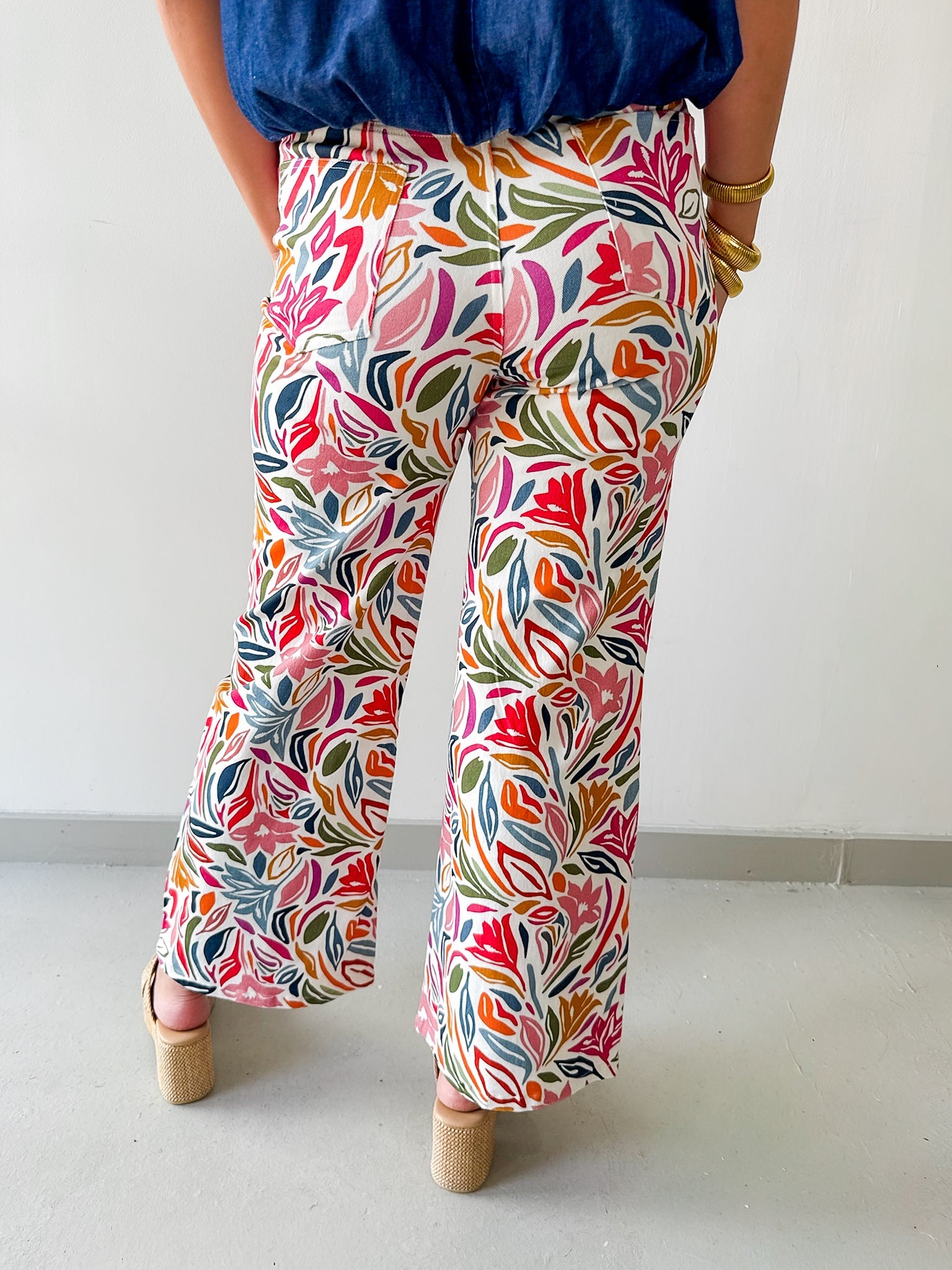 Stretch Floral Print Straight Leg Jeans