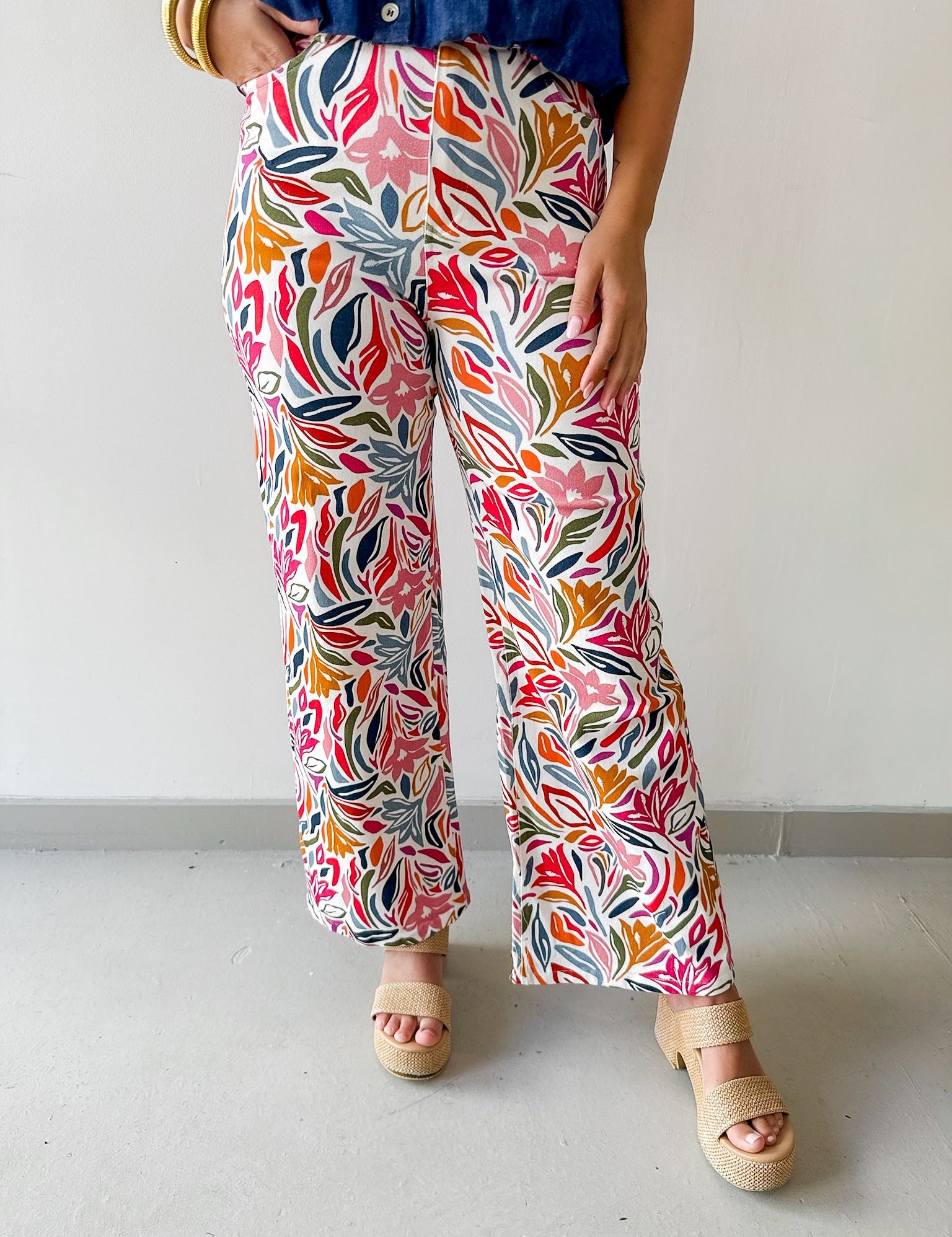 Stretch Floral Print Straight Leg Jeans