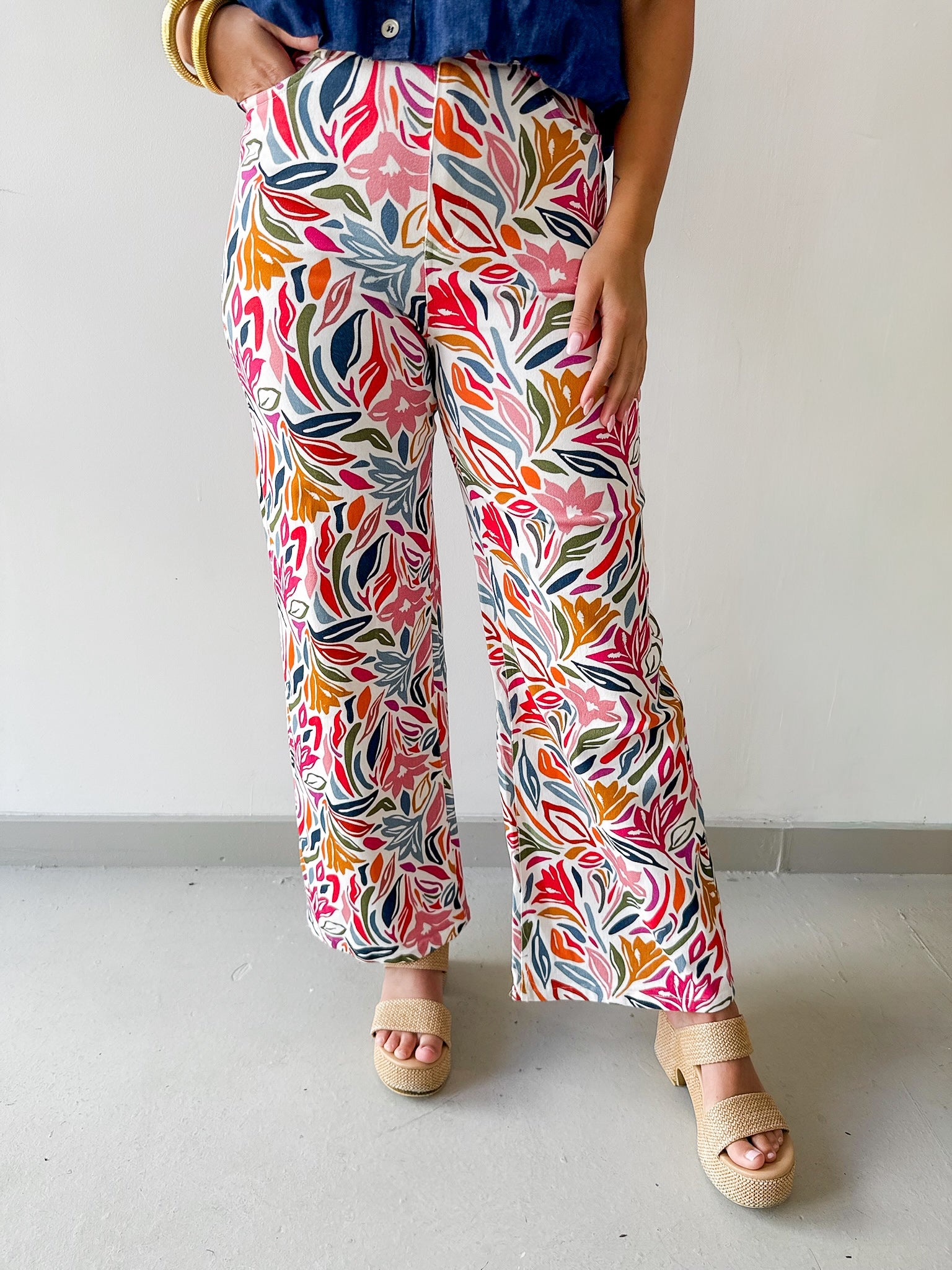 Stretch Floral Print Straight Leg Jeans