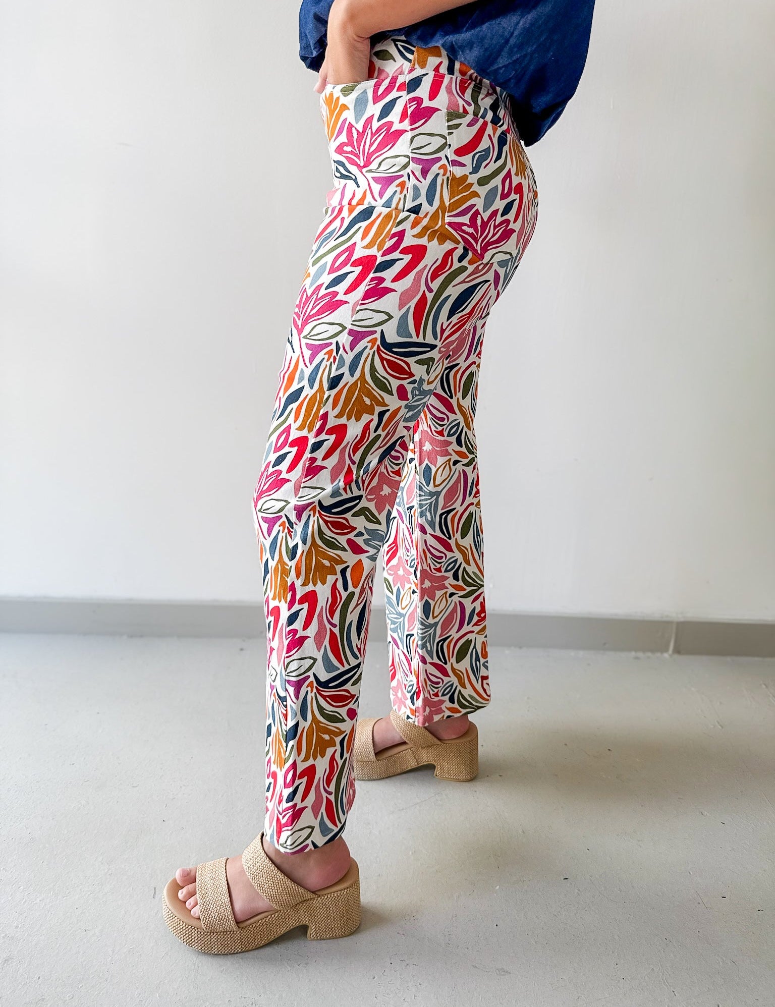 Stretch Floral Print Straight Leg Jeans