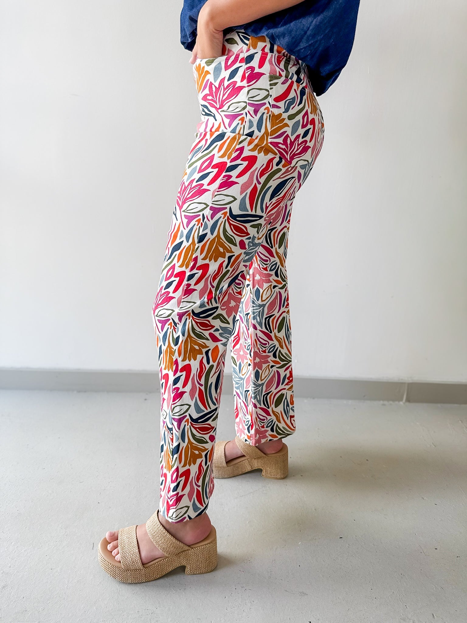 Stretch Floral Print Straight Leg Jeans