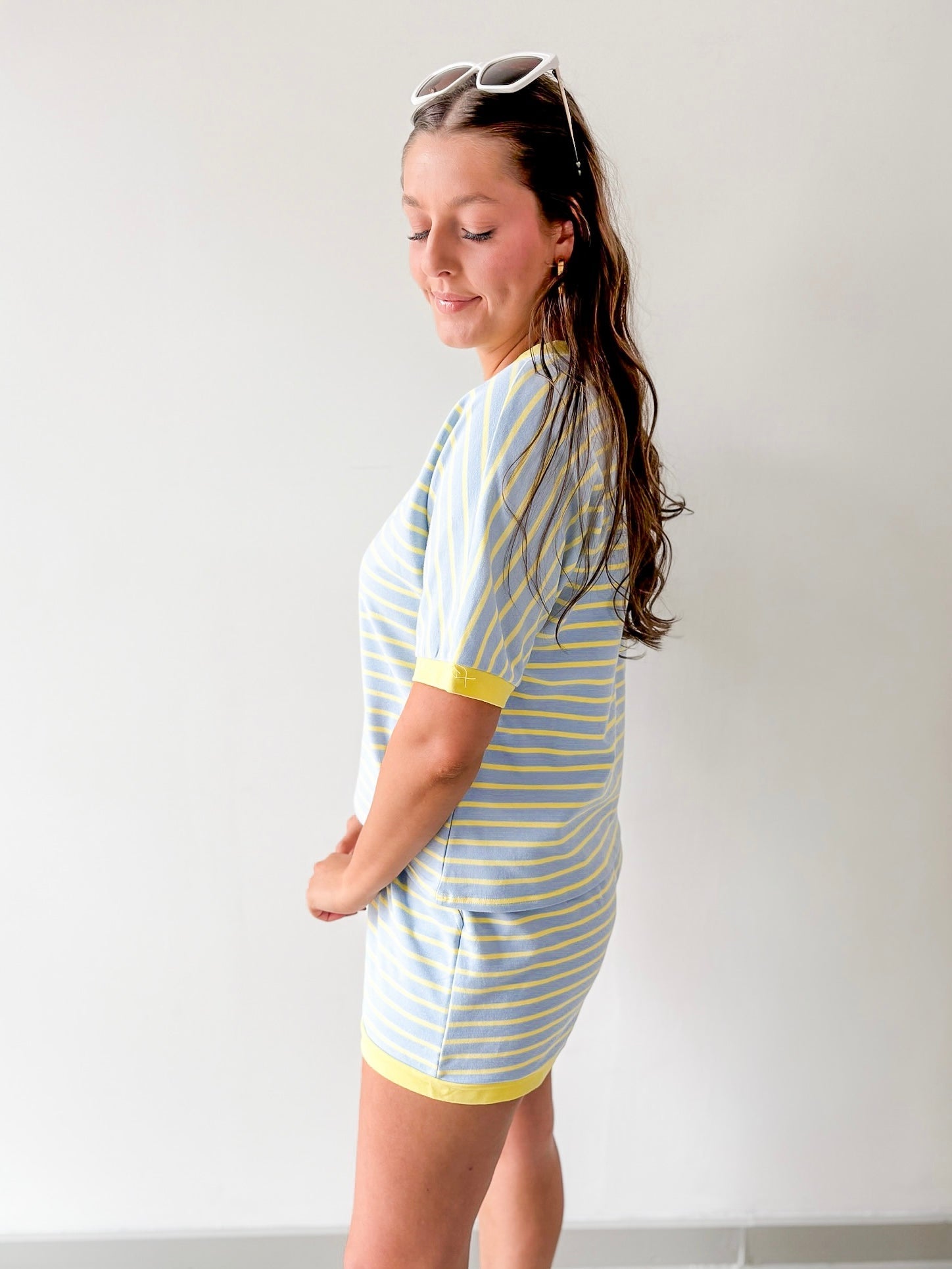 Stripe Casual Top & Shorts Sets - Blue