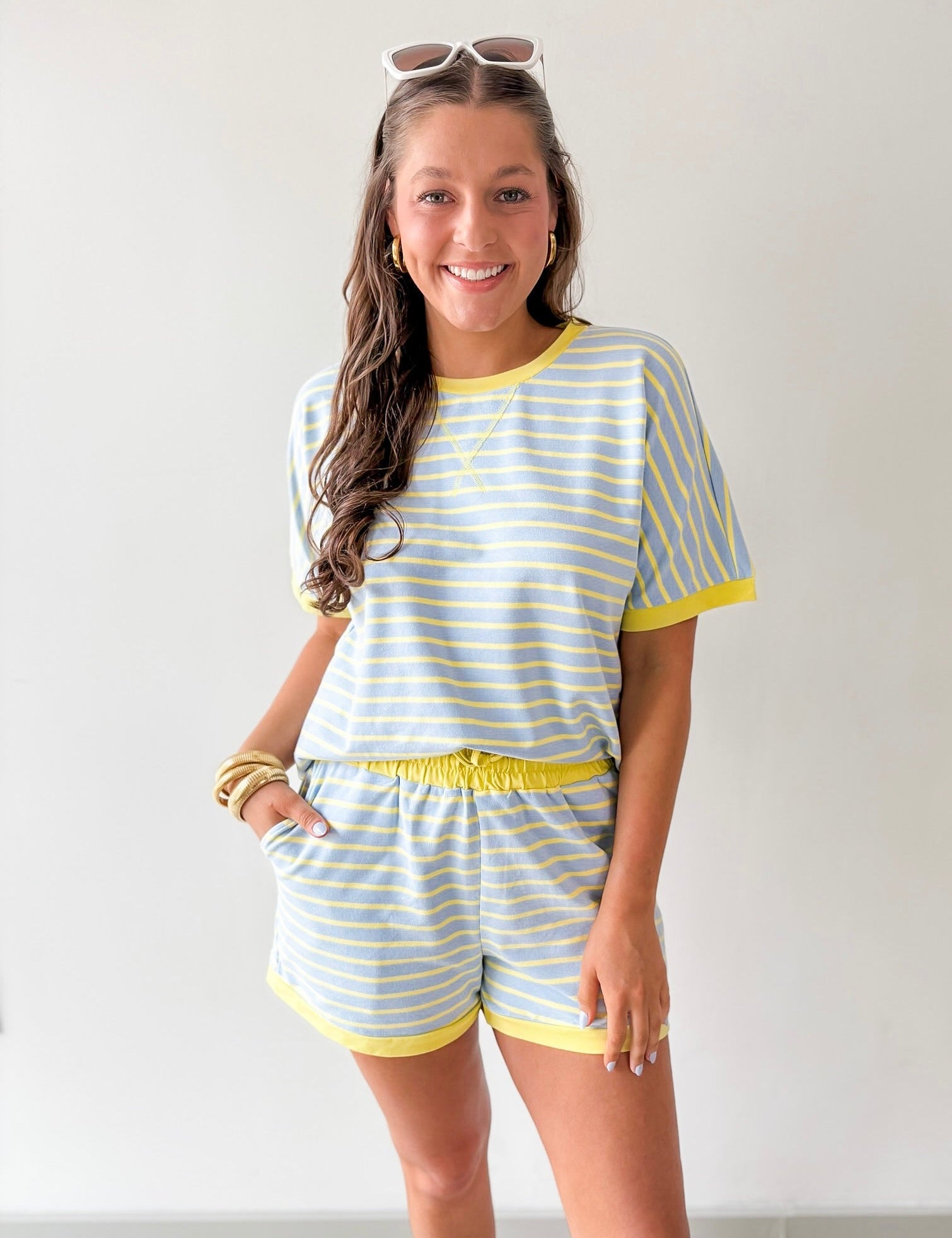 Stripe Casual Top & Shorts Sets - Blue