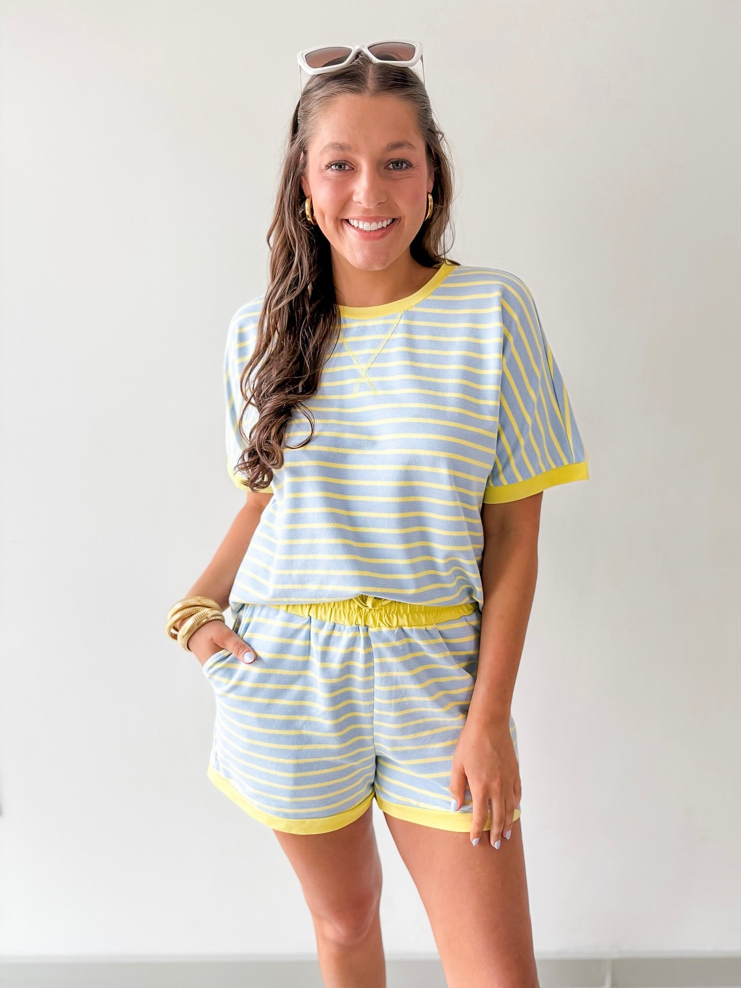 Stripe Casual Top & Shorts Sets - Blue