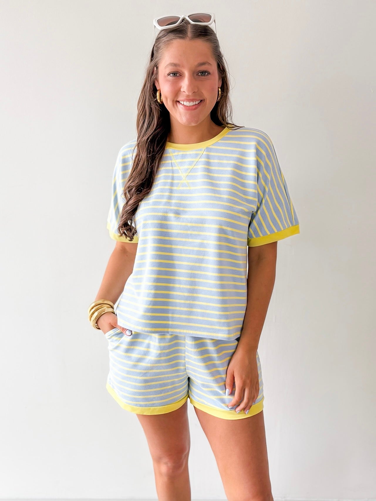 Stripe Casual Top & Shorts Sets - Blue