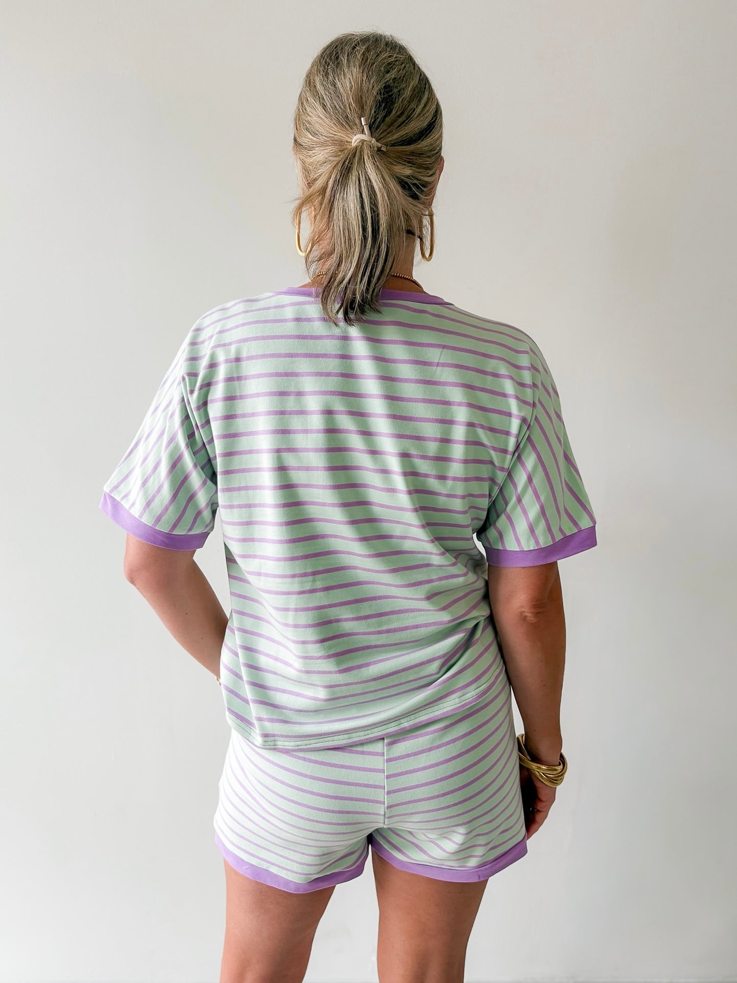 Stripe Casual Top & Shorts Sets - Mint