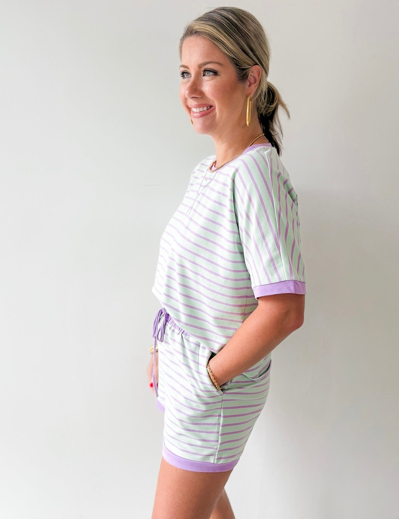 Stripe Casual Top & Shorts Sets - Mint