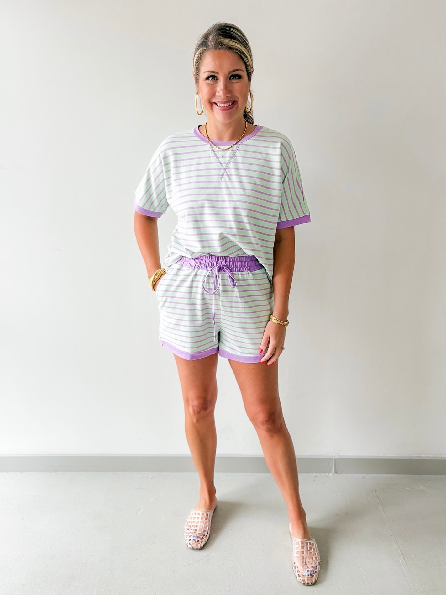 Stripe Casual Top & Shorts Sets - Mint