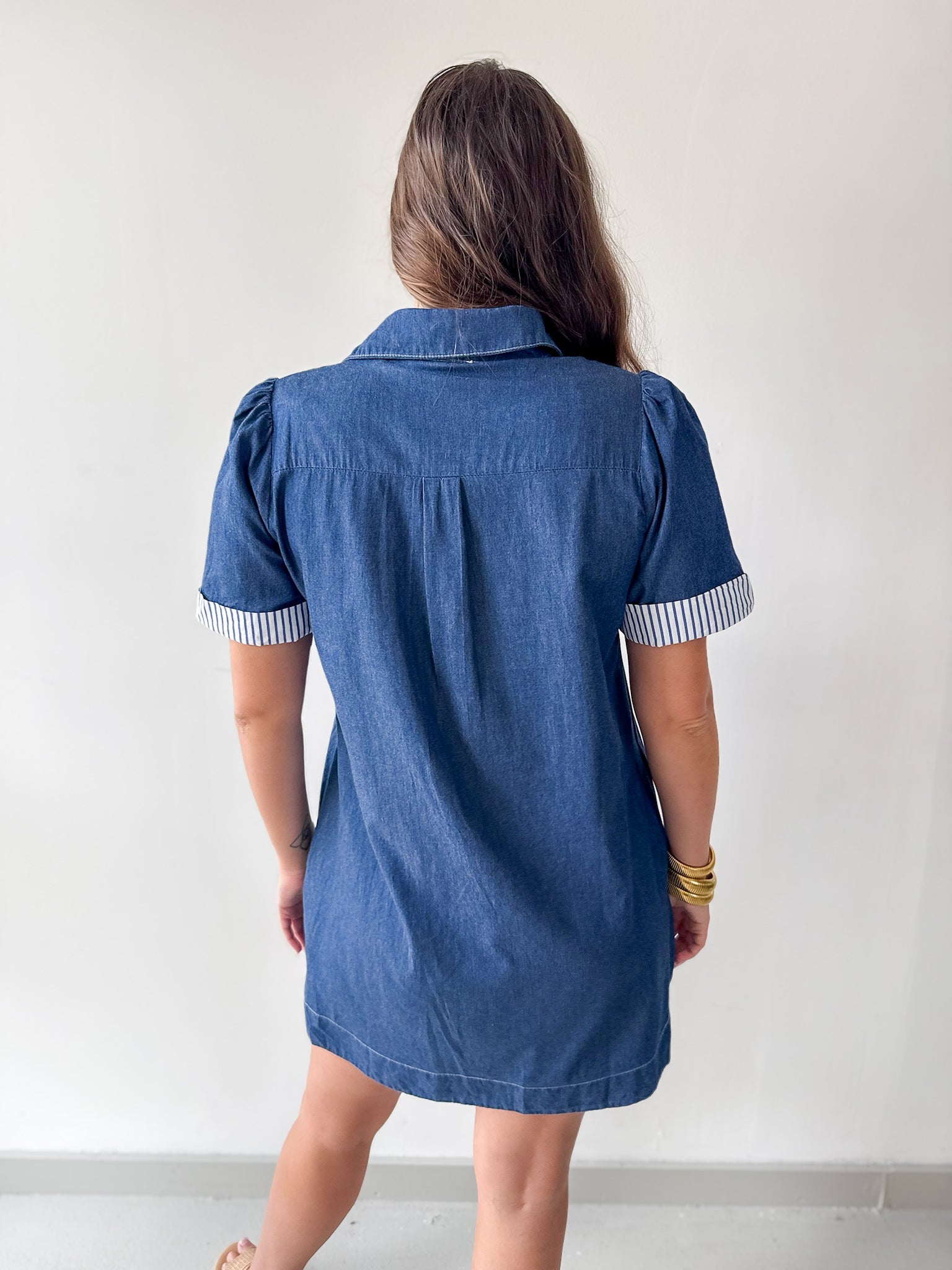 Stripe Contrast Accent Denim Shirt Dress
