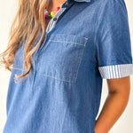 Stripe Contrast Accent Denim Shirt Dress